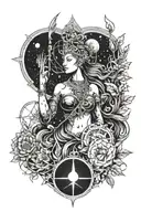Ancient symbols of plant medicine intertwined with a depiction of the warrior goddess in a cosmic landscape tattoo design idea