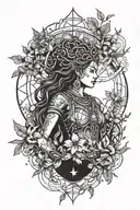Ancient symbols of plant medicine intertwined with a depiction of the warrior goddess in a cosmic landscape tattoo design idea