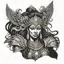 Ancient Black warrior goddess with intricate armor and a fierce expression tattoo design idea