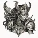 Ancient Black warrior goddess with intricate armor and a fierce expression tattoo design idea
