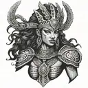 Ancient Black warrior goddess with intricate armor and a fierce expression tattoo design idea
