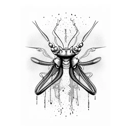 abstract praying mantis with drips , multiple eyes tattoo design idea