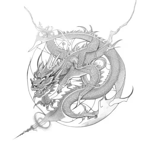 Eastern dragon, descending from shoulder to forearm, cyberpunk style tattoo design idea