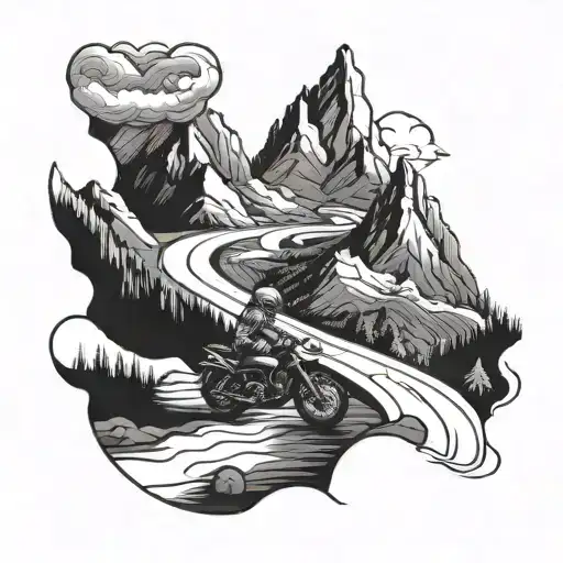 A mountain landscape with a winding motorcycle road wrapping around it tattoo design idea