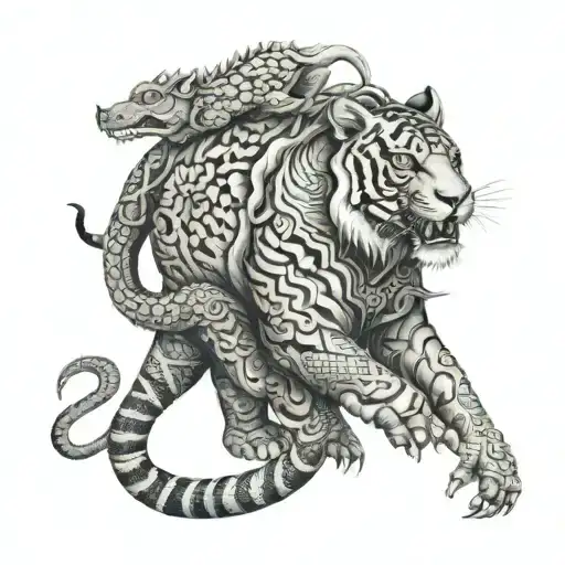 sak yant tattoo with elephant, tiger, crocodile and dragon tattoo design idea