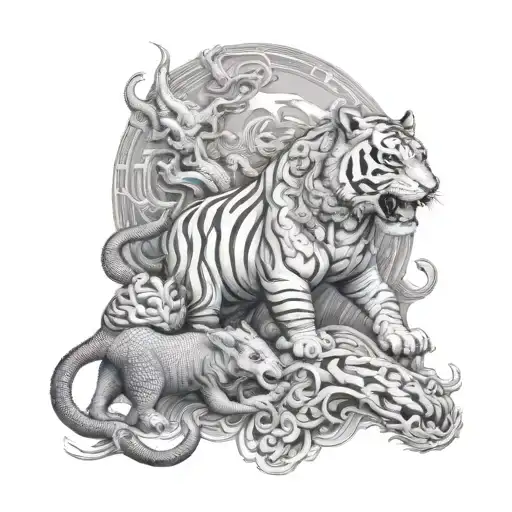 sak yant tattoo with elephant, tiger, crocodile and dragon tattoo design idea