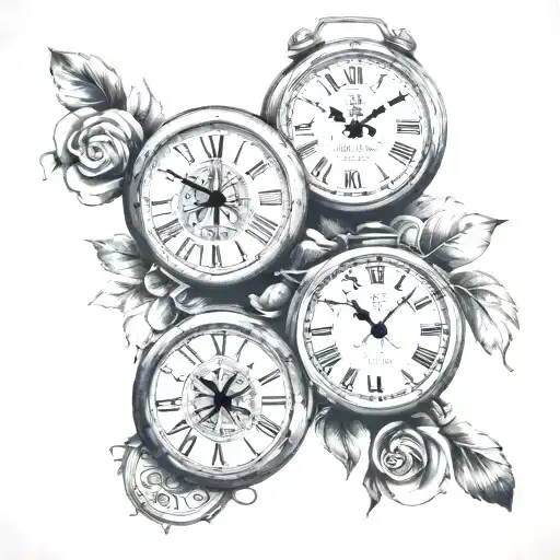 4 clocks with dates and initials tattoo design idea