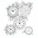 4 clocks with dates and initials tattoo design idea