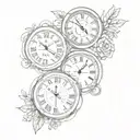4 clocks with dates and initials tattoo design idea