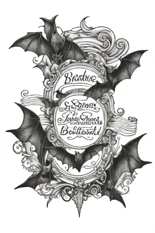 Bats flying with quote in the middle surrounded by music quotes  tattoo design idea