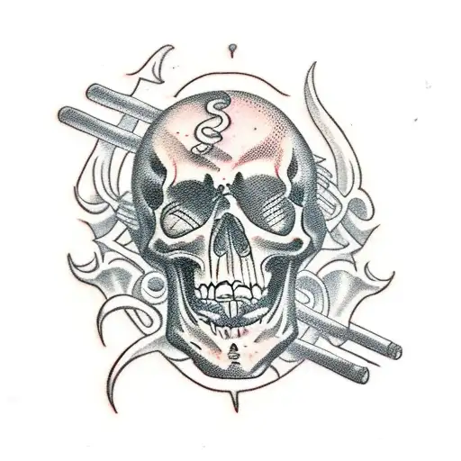 A necromancer conducting a jazz orchestra of skeletons and demons tattoo design idea
