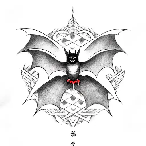 A bat with satanic symbols flying over a haunted house tattoo design idea