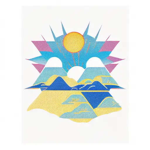 mountains with sun and palm trees tattoo design idea