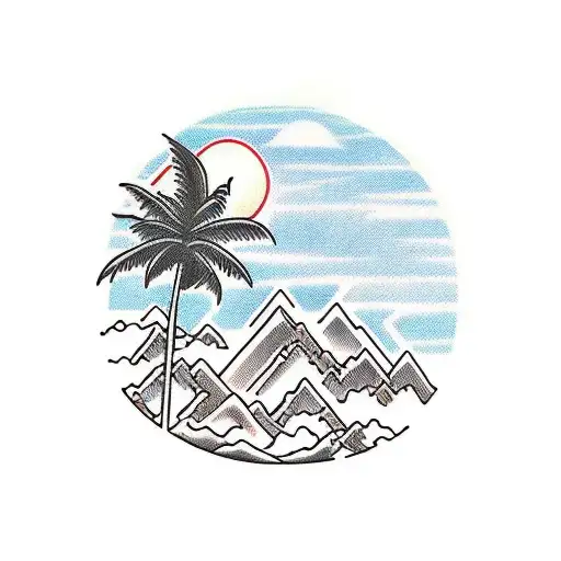 mountains with sun, Cliffs, beach and palm trees tattoo design idea