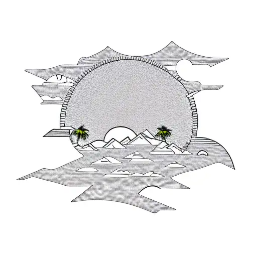 mountains with sun and palm trees tattoo design idea