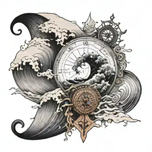 An intricate tattoo of a wave breaking over a compass, representing the client's passion for surfing and travelling tattoo design idea