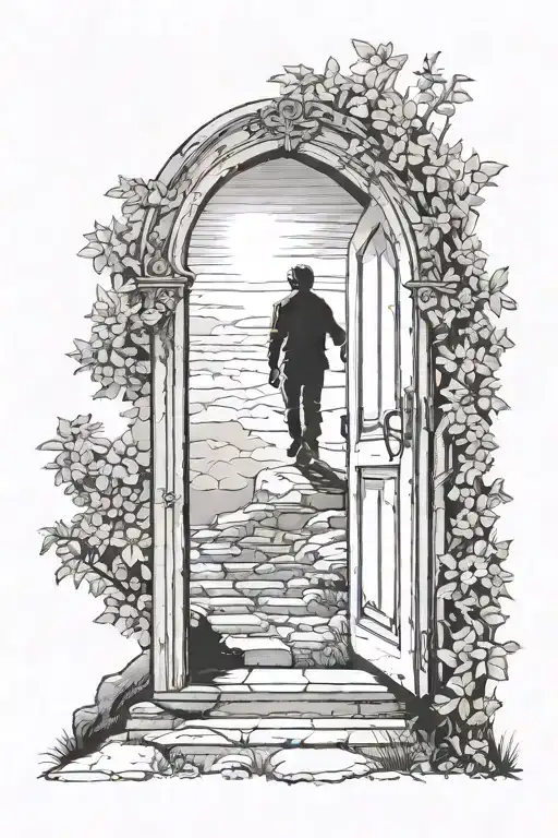 silhouette of a man about to walk through a door into heaven tattoo design idea
