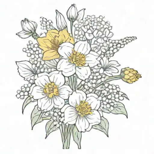 fine line flowers carnation, daffodil, daisy, lily of the valley  tattoo design idea