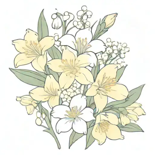 fine line bouquet with daisy, daffodil, lily of the valley, and carnation  tattoo design idea