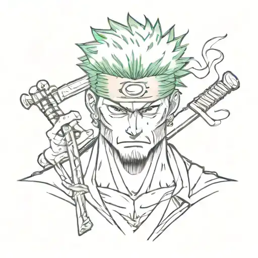 A tattoo of Zoro from One Piece in a sketch style, showcasing his iconic swords and fierce expression tattoo design idea