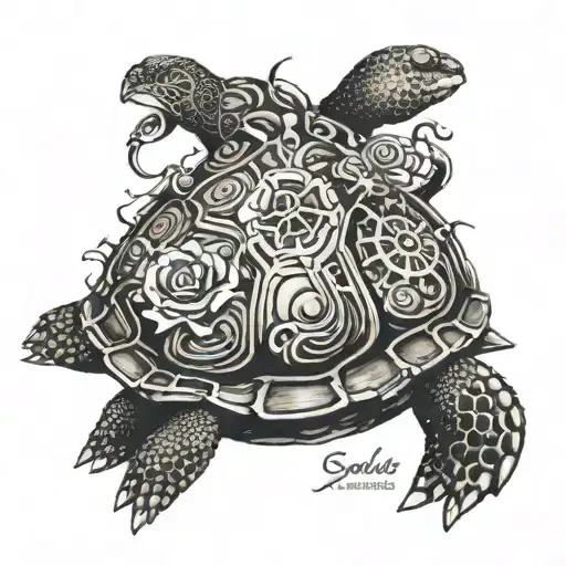 turtle or tortise side profile and instead of shell it has an image of a beautiful fairy inside tattoo design idea