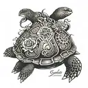 turtle or tortise side profile and instead of shell it has an image of a beautiful fairy inside tattoo design idea