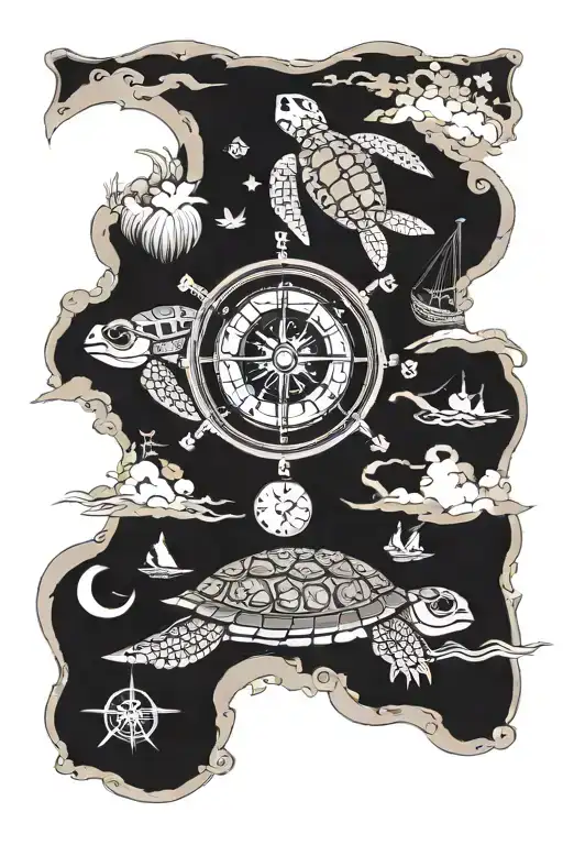nautical, ships, compass, map, skulls, sea turtle tattoo design idea