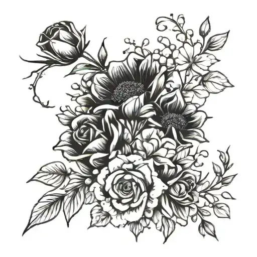  February, May, September, October, November flower bouquet tattoo design idea