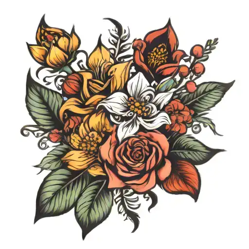 February, May, September, October, November flower bouquet tattoo design idea