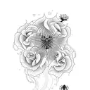 A blackwork sleeve showcasing a mystical scene with spider lilies and roses growing from a flowing water source tattoo design idea