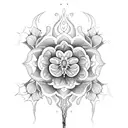 A blackwork sleeve showcasing a mystical scene with spider lilies and roses growing from a flowing water source tattoo design idea