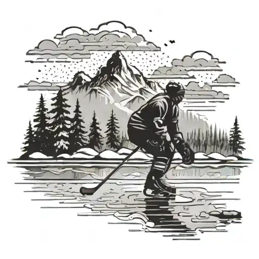 A scenic landscape with a hockey player skating on a frozen lake, blending the client's love for hockey and the outdoors tattoo design idea