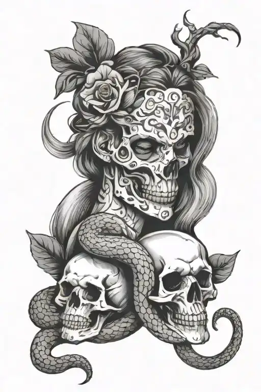 Skull with a snake wrapped around and Eve biting an apple tattoo design idea