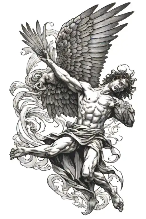 Icarus Falling from the sky while he is reaching for the sky showing 1 wing fully intact and 1 wing partially intact  tattoo design idea