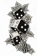 roses and dice rolling and 3 8 cards and word Yuill written and quote back to business  tattoo design idea