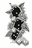 roses and dice rolling and 3 8 cards and word Yuill written and quote back to business  tattoo design idea