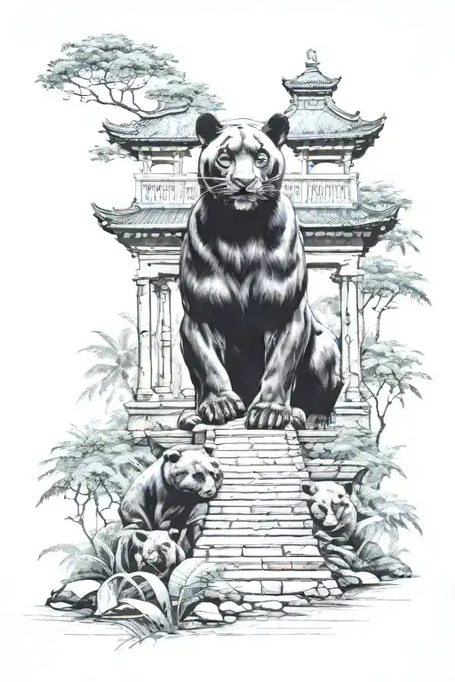 jungle setting with temple ruins, black panther & chinese panda, aligning starts in sky behind temple ruins tattoo design idea