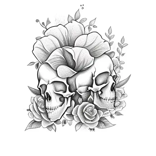 gothic skull with Hawaiian rose tattoo design idea