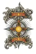 cross surrounde sun rays beaming tattoo design idea