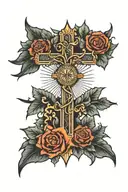 cross surrounde sun rays beaming tattoo design idea