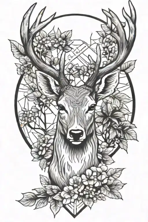 deer head with wooden house plants tattoo design idea