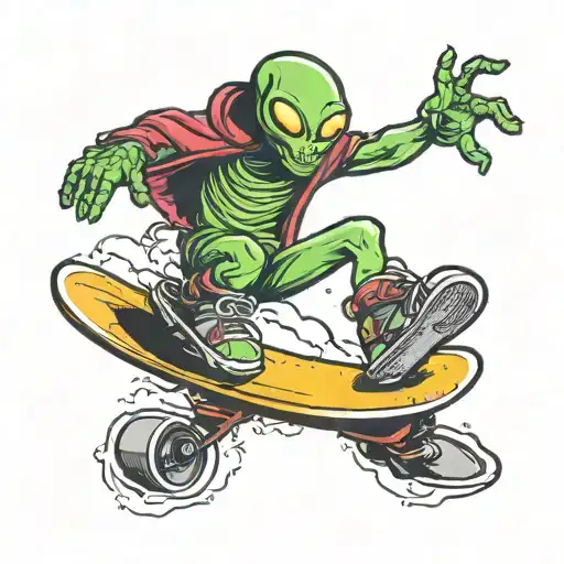 alien riding a snowboard season tattoo design idea