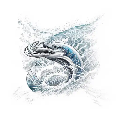 A majestic sea creature emerging from the waves, with a backdrop of iconic architecture tattoo design idea