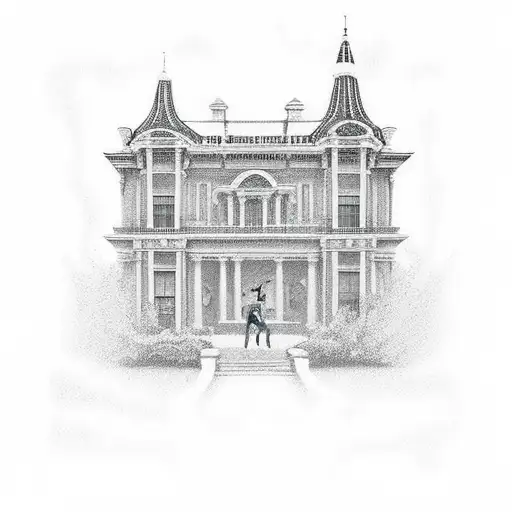 A muscular bodybuilder flexing their muscles in front of a grand oldschool building tattoo design idea