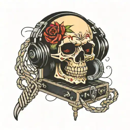 vinyl record player skull tattoo design idea