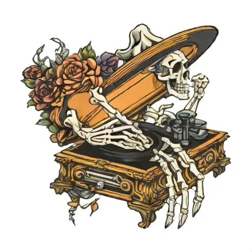 vinyl record player skeleton hand holding tattoo design idea