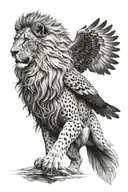 a lion with a falcon diving tattoo design idea