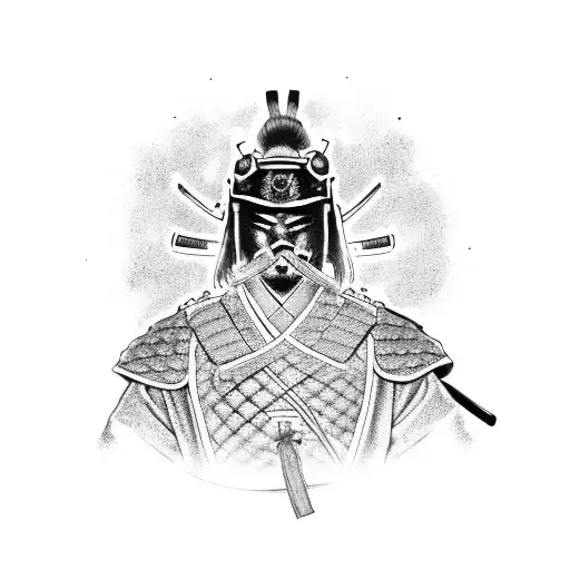 A samurai in Japanese armor, dead after hara-kiri, fell to his knees, and a sakura flower sprouted from his mouth tattoo design idea