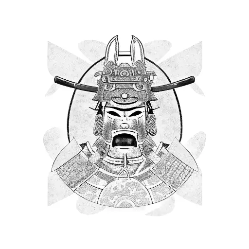 A samurai in Japanese armor, dead after hara-kiri, fell to his knees and a sakura flower sprouted from his mouth tattoo design idea