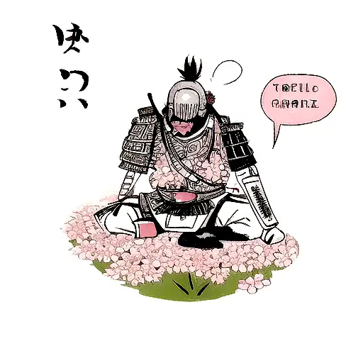 A samurai in Japanese armor, dead after hara-kiri, fell to his knees and a sakura flower sprouted from his mouth tattoo design idea